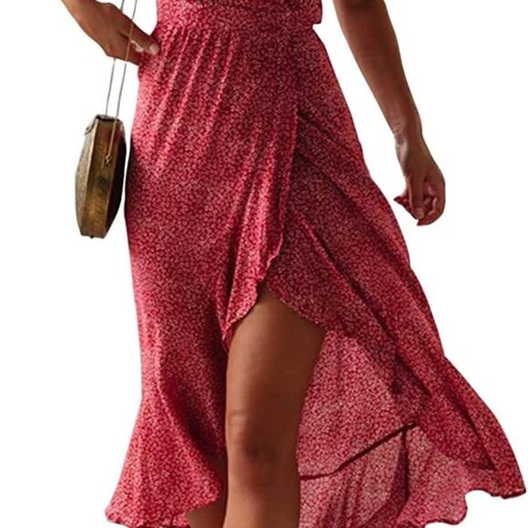 Women's Bohemian Floral Wrap Maxi Dress V-Neck Short Sleeve Beach Party - Picture 1 of 6